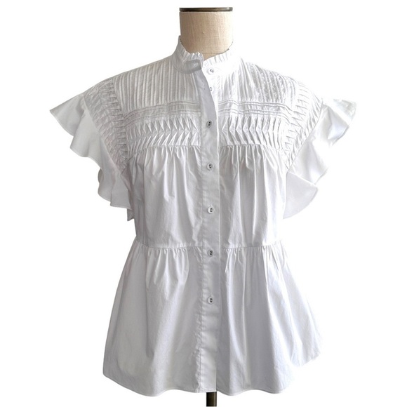 DVF Zoe Pleated Bodice Relaxed Fit Cotton Blouse White 2 - Picture 2 of 11
